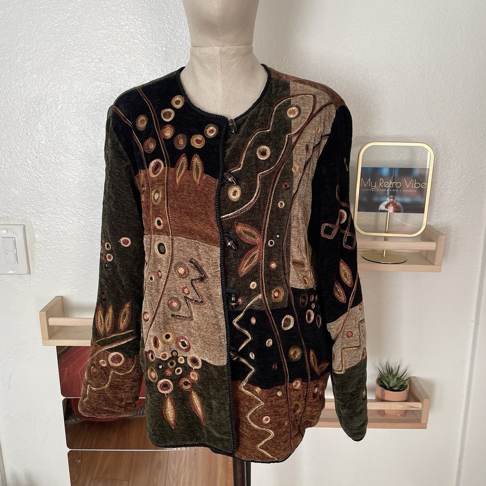 Vintage Indigo Moon Artsy Jacket‎ Size S Earthy Natural Embroidered